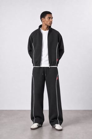 Erkek Biye Detaylı Panda Oversize Zip Siyah
