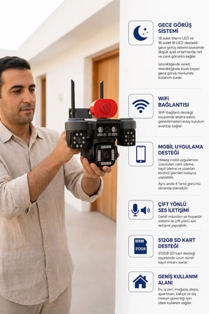 SIM-840W 4 Kameralı Akıllı Güvenlik Kamerası 12MP WiFi PTZ AI Hareket Takipli Renkli Gece Görüşlü Dış Mekan IP Kamera