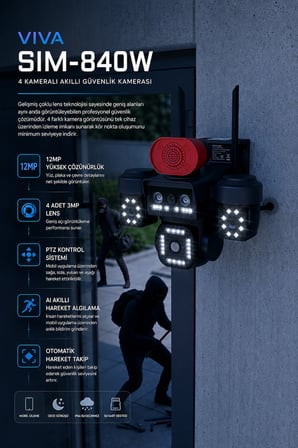 SIM-840W 4 Kameralı Akıllı Güvenlik Kamerası 12MP WiFi PTZ AI Hareket Takipli Renkli Gece Görüşlü Dış Mekan IP Kamera