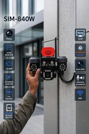 SIM-840W 4 Kameralı Akıllı Güvenlik Kamerası 12MP WiFi PTZ AI Hareket Takipli Renkli Gece Görüşlü Dış Mekan IP Kamera