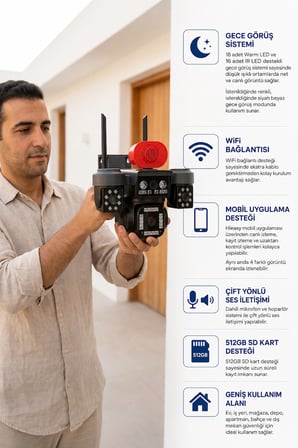 SIM-840W 4 Kameralı Akıllı Güvenlik Kamerası 12MP WiFi PTZ AI Hareket Takipli Renkli Gece Görüşlü Dış Mekan IP Kamera