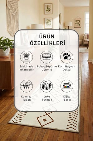 İskandinav Krem Kahve Dijital Baskılı Kaymaz Yıkanabilir Yolluk - Leke Tutmaz