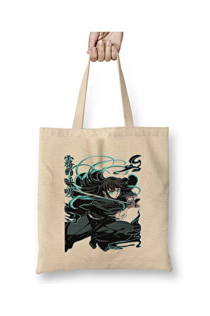 Tokito Muichiro Demon Slayer Beyaz Bez Çanta Uzun Saplı Alışveriş Çantası Plaj Çantası