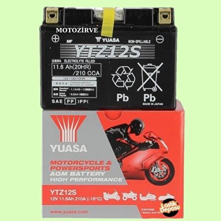 Yuasa YTZ12S 11 Ah 12 Volt 210 CCA Yüksek Performans Bakım Gerektirmeyen Motosiklet Aküsü
