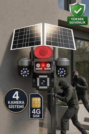 Sim-840 Çift Güneş Panelli 4G Sim Kartlı Kablosuz 4 Lensli Dış Mekan Güvenlik Kamerası 16MP PTZ 96 GB Sim Kart Dahil