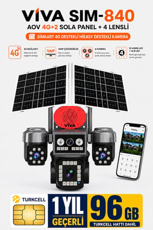Sim-840 Çift Güneş Panelli 4G Sim Kartlı Kablosuz 4 Lensli Dış Mekan Güvenlik Kamerası 16MP PTZ 96 GB Sim Kart Dahil