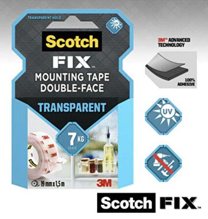 Scotch 3m Scotch Şeffaf Montaj Bandı Çift Taraflı 19MM x 1,5m