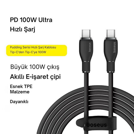 Baseus MEGA Hızlı 1.2MT 100W Type-C To Type C Şarj Kablosu, Akım Ve Isı Korumalı Type C Kablo, PC, Tablet, Telefon