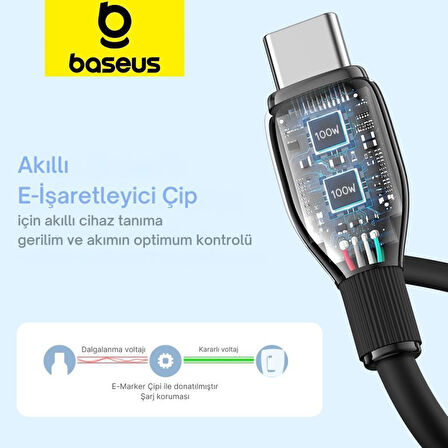 Baseus MEGA Hızlı 1.2MT 100W Type-C To Type C Şarj Kablosu, Akım Ve Isı Korumalı Type C Kablo, PC, Tablet, Telefon