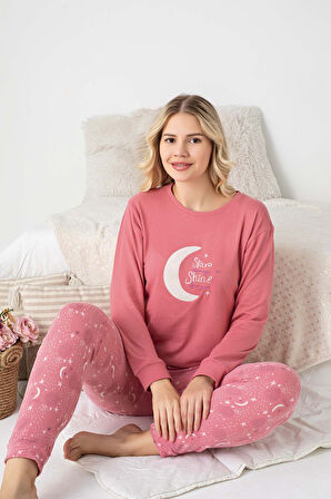 Kadın Bisiklet Yaka Düğmesiz Kışlık Termal Bilek Manşetli Jogger Uzun Kol Cepli Pijama Takımı