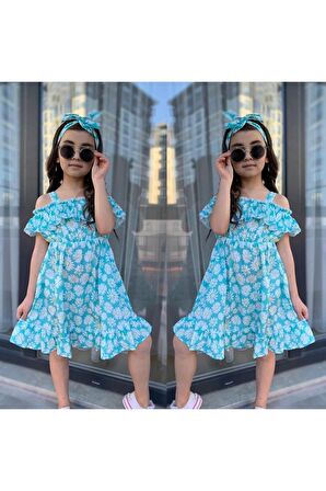 MODAVALS MİNT YEŞİLİ KARDEŞ KOMBİN KIZ ÇOCUK ELBİSE & BANDANA KOMBİN