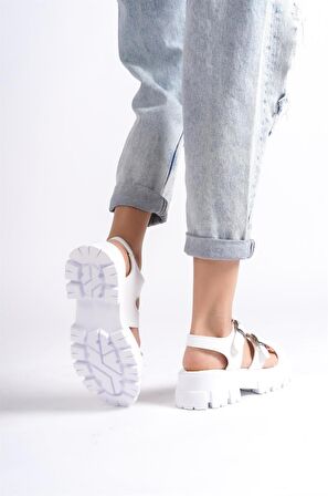 Kadın Seso Beyaz Yüksek Üç Bant Bilekten Bağlamalı Sandalet 970