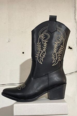Kadın Siyah Melek Nakişli Fermuarli Western Kovboy Çizme Bot