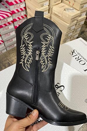 Kadın Siyah Melek Nakişli Fermuarli Western Kovboy Çizme Bot