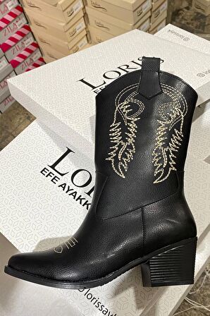 Kadın Siyah Melek Nakişli Fermuarli Western Kovboy Çizme Bot