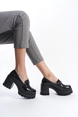 Kadın Guzi Siyah Rugan İnce Tokalı  8 cm Topuklu Platformlu Ayakkabı