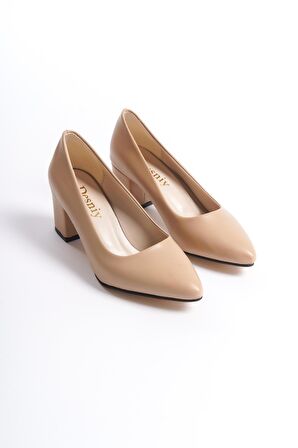 Kadın Camila Ten Cilt 6 Cm Kalın Topuklu Hafif Sivri Burunlu Klasık Ayakkabı