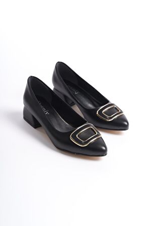 Kadın Katra Siyah deri Kare Toka Detaylı 4 Cm Kalın Topuklu Klasık Ayakkabı