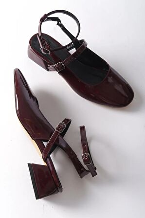 Kadın Jeyn Bordo Rugan Kare Burunlu Baretli Kısa Blok Topuklu Ayakkabı