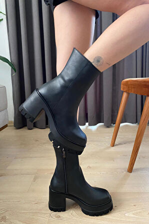 Kadın Pita Siyah Deri ( 8 cm ) Platfom Topuklu Fermuarlı Bot