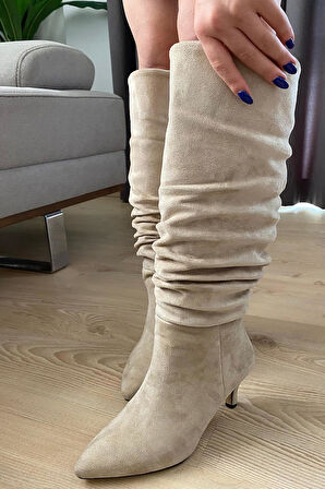 Kadın Tamara Krem Süet Körüklü Sivri Burun Çivi Topuk Çizme