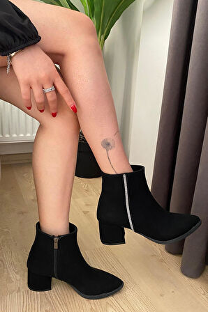 Kadın York Siyah zümrut YAndan Taşlı ( 6 cm ) Topuklu Sivri Burun Bot