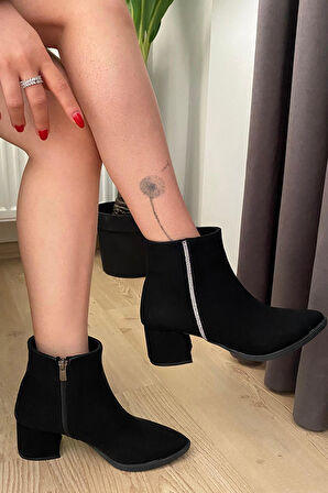 Kadın York Siyah zümrut YAndan Taşlı ( 6 cm ) Topuklu Sivri Burun Bot