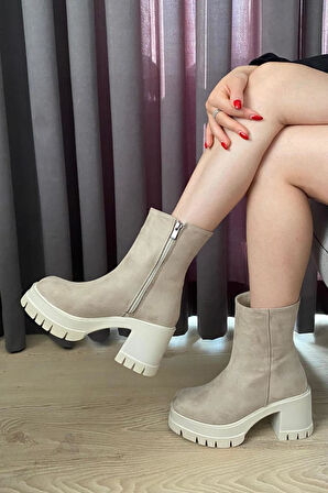 Kadın Pita Krem Süet ( 8 cm ) Platfom Topuklu Fermuarlı Bot