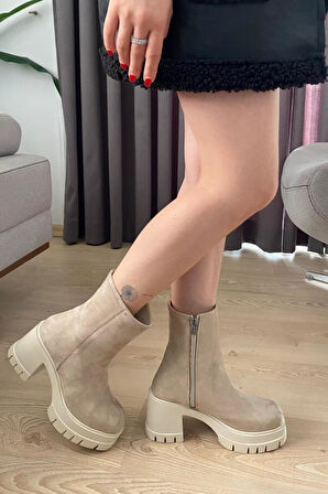 Kadın Pita Krem Süet ( 8 cm ) Platfom Topuklu Fermuarlı Bot