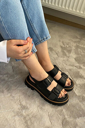 Kadın Merlin Siyah Çift Bantlı Vardola Deyatlı  Kalın Taban Ortopedik  Sandalet  K-110