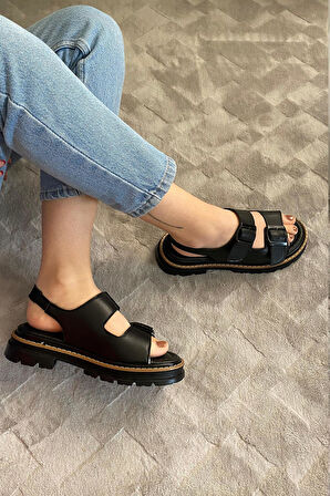 Kadın Merlin Siyah Çift Bantlı Vardola Deyatlı  Kalın Taban Ortopedik  Sandalet  K-110