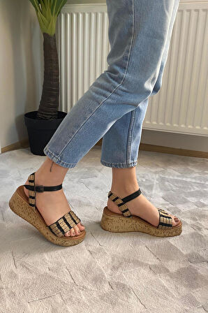 Kadın Eftal Siyah Hasır Detay Kalın Mantar Taban Ortopedik  Sandalet  K-230