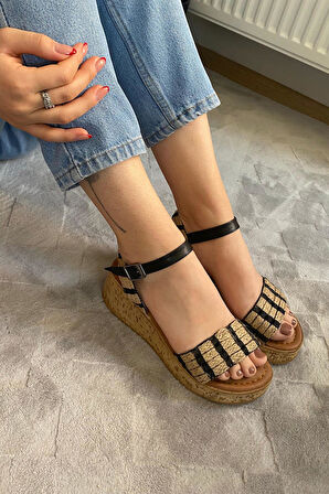 Kadın Eftal Siyah Hasır Detay Kalın Mantar Taban Ortopedik  Sandalet  K-230