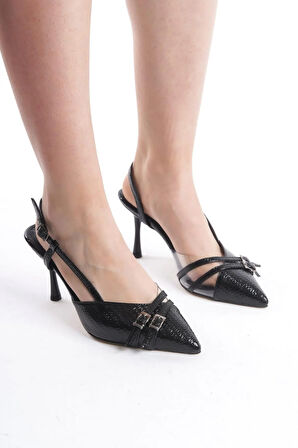 Kadın Arina Siyah Baskılı Rugan 9 Cm İnce Topuklu Sivri Burunlu Yanları Acık Stiletto