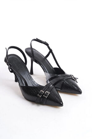 Kadın Arina Siyah Baskılı Rugan 9 Cm İnce Topuklu Sivri Burunlu Yanları Acık Stiletto