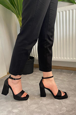 Kadın Verlino Siyah Saten Tek Bantlı Bantlı Bilektan Bağlamalı 10 cm Platfom Topuklu Aykkabı