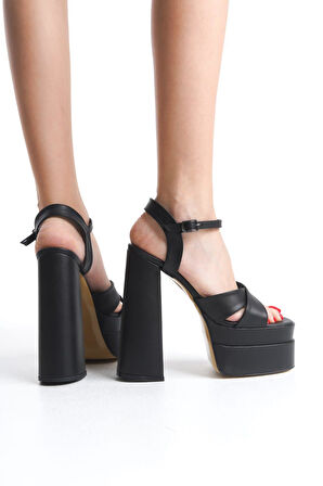 Kadın Elina Siyah Çapraz Bantlı 15 cm Platform Topuklu Ayakkabı