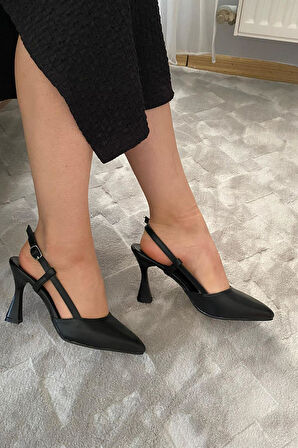 Kadın Natali Siyah Cilt 9 Cm Topuklu Ayakkabı Arkası Açık Direkli Tokalı Topuk