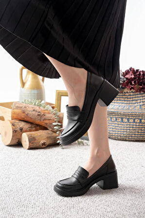 Kadın Victorya Siyah Cilt 6 cm Topuklu Lofer Ayakkabı