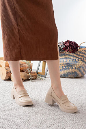 Kadın Victorya Krem Cilt 6 cm Topuklu Lofer Ayakkabı