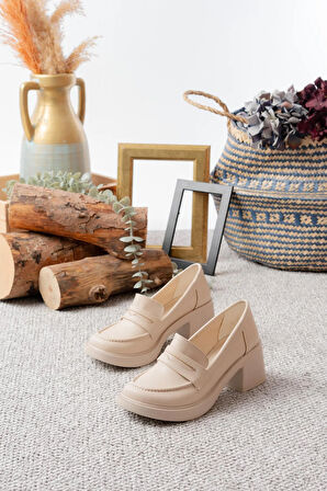 Kadın Victorya Krem Cilt 6 cm Topuklu Lofer Ayakkabı