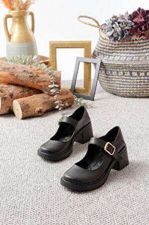 Kadın Sofya Siyah Cilt 6 cm Tek Baretli Topuklu Lofer Ayakkabı