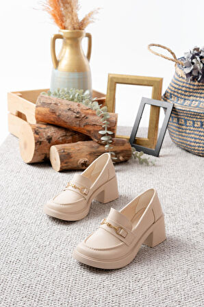 Kadın Tilda Krem Cilt İnce Toka Detaylı 6 cm Topuklu Lofer Ayakkabı