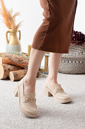 Kadın Tilda Krem Cilt İnce Toka Detaylı 6 cm Topuklu Lofer Ayakkabı