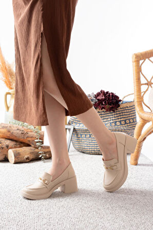 Kadın Tilda Krem Cilt İnce Toka Detaylı 6 cm Topuklu Lofer Ayakkabı