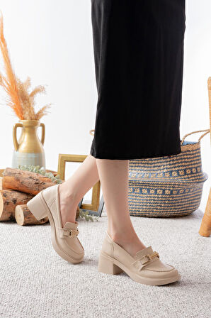 Kadın Alana TKrem Cilt oka Detaylı 6 cm Topuklu Lofer Ayakkabı