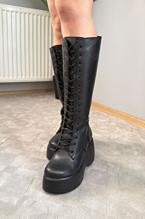 Kadın Bellina Siyah Cilt Bağcık Detaylı Fermuarlı 9 cm Topuklu Platfomlu Çizme