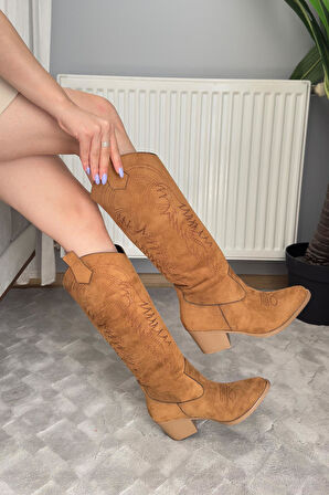 Kadın Jasire Taba Süet Nakışlı Western Kovboy Cowgirl Bot Çizme