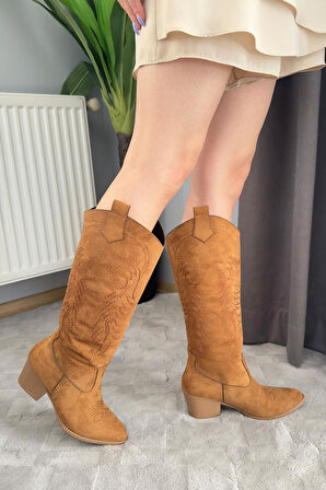 Kadın Jasire Taba Süet Nakışlı Western Kovboy Cowgirl Bot Çizme