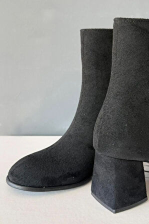 Kadın Marta Siyah Süet 6 cm Kalın Topuklu Yumurta  Burun Fermuarlı Bot